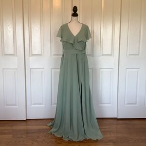 Azazie Lainey Matcha Green Chiffon Ruffle V Neck Maxi Dress Size 16 NWT